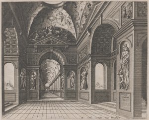 Innenraum einer kreuzgewölbten Halle mit Grotesken
