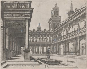 Palasthof mit Brunnen in einem rechteckigen Becken von Lucas van Doetechum and Johannes