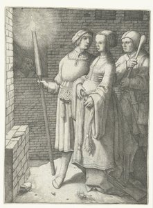 Junger Mann mit einer Fackel, eine Frau und ein Narr von Lucas van Leyden