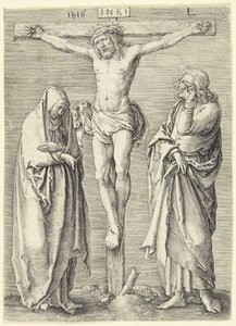 Die Jungfrau und St. Johannes am Fuße des Kreuzes von Lucas van Leyden