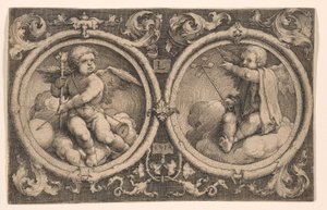 Zwei Cupidos auf Wolken sitzend