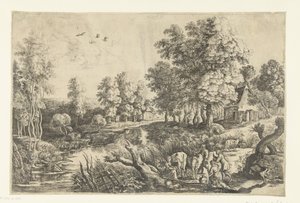 Bauern mit Vieh an einem Bach