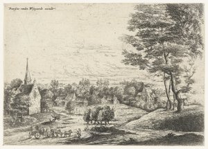 Ansicht eines Dorfes mit einem Planwagen von Lucas van Uden