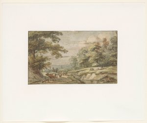 Hügelige Landschaft mit Schaf- und Kuhherde von Lucas van Uden