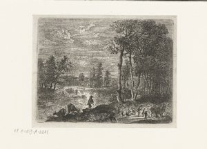 Landschaft bei Nacht mit Bauern und Vieh von Lucas van Uden
