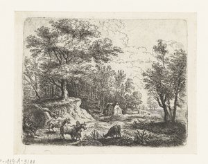 Landschaft mit drei Kühen und einer Frau