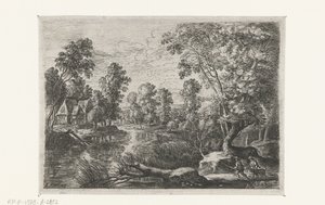Landschaft mit einem Bach und einem Jäger