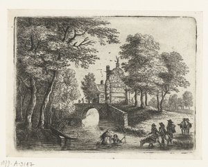 Landschaft mit einem Fluss, einer Brücke und Reitern Kleine Landschaften (Serientitel) von Lucas van Uden