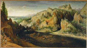 Gebirgslandschaft mit Räubern und Hochofen, um 1558