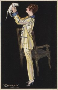 Mädchen im Pyjama mit weißer Katze von Luciano Achille Mauzan
