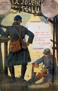 Zwei französische Soldaten durchsuchen Pflegepakete von zu Hause.