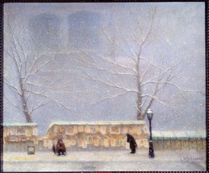 Notre Dame von der linken Uferseite bei Schneewetter gesehen