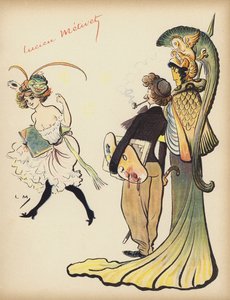 Mädchen winkt einem Künstler, ihr zu folgen von Lucien Metivet