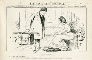 Illustration in Le Rire, 24/08/12 - Rückkehr aus Russland - Antiklerikalismus, Russland, Präsident der Republik, Hüte, offizieller Besuch - Marianne, Poincare Raymond (Gravur)