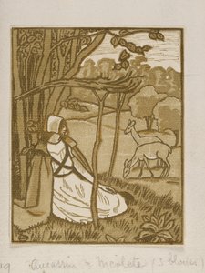 Mädchen unter Baum mit Hirsch, Holzstich von Lucien Pissarro