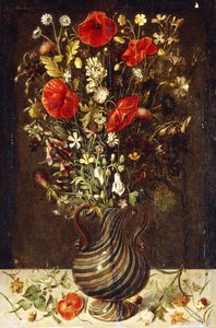 Mohnblumen, Butterblumen, Gänseblümchen, Kornblumen, Disteln und andere Wildblumen in einer facon de Venise Filigrana-Glasvase, mit Stiefmütterchen, einer Mohnblume und einer Taubnessel auf einem Steinabsatz von Ludger Tom the Younger Ring