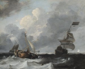 Ein Sturm vor der Küste mit Kriegsschiffen und Fischerbooten von Ludolf Backhuysen