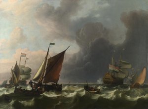 Niederländische Kriegsschiffe und kleine Boote bei frischer Brise vor Enkhuizen