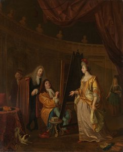 Ein Künstler in seinem Atelier, der das Porträt einer Dame malt