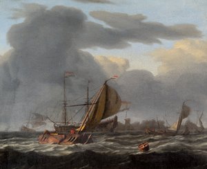 Ein Kriegsschiff vor Anker in rauer See