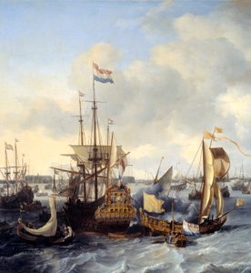 Blick auf den Hafen von Amsterdam vom Ij (Detail) von Ludolf I Backhuysen