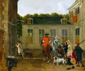 Jagdgesellschaft im Hof eines Landhauses