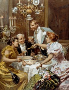 Schöne Zeit: „Das feine Abendessen“ Zwei Paare in einer privaten Lounge trinken Champagner. Illustration von Ludovico Marchetti (1853-1909) 1893 Private Sammlung
