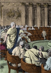 Cicero denunziert den Verschwörer Catilina am 7. November 63 v. Chr. im Senat von Rom, Illustration von Pogliaghi