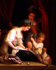 Eine Mutter und ihre Kinder mit einer Krankenschwester dahinter von Ludwig Guttenbrunn