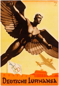 Deutsche Lufthansa, Plakat für die deutschen Fluglinien zur Förderung der Olympischen Spiele 1936 im nationalsozialistischen Deutschland von Ludwig Hohlwein