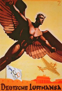 Plakat, das Flüge nach Berlin mit der Deutschen Lufthansa bewirbt von Ludwig Hohlwein
