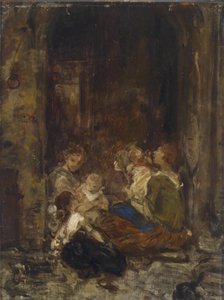 Mutter mit Kindern, Studie, unleserlich signiert, rückseitig Nachlassstempel L. Knaus Nachlass
