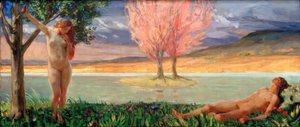 Adam und Eva in paradiesischer Landschaft