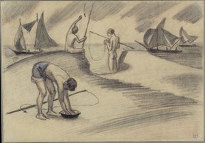 Drei angelnde Jungen am Meer mit Segelschiffen von Ludwig von Hofmann