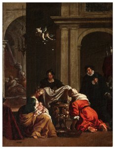 Nordtransept, Altar von San Rocco 1635, 45, Genovesino 1645, Geburt des Heiligen Rocco, Gemalt unten links von Luigi Miradori