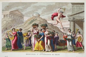 Merkur verliebt sich in Herse, Illustration aus Ovids Metamorphosen, Florenz, 1832 (handkolorierter Stich) von Luigi Ademollo