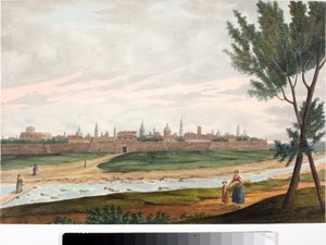 Ansicht einer ummauerten Stadt, wahrscheinlich Lucca in der Toskana