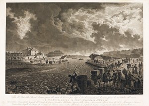 Ansicht der Brücke Pila in Genua nach der Überschwemmung des Bisagno-Bachs am 26.10.1822 (Radierung, ca. 1822) von Luigi Garibbo