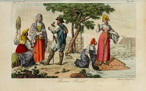 Russische Bauern. Illustration aus Il costume antico e moderno o storia del governo… von Giulio Ferrario, 1831