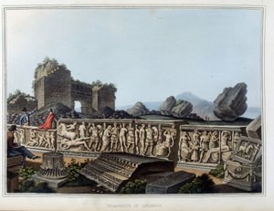 Ruinen und Fries geschnitzt in Ephesus, ehemals antike Stadt Griechenlands, heute in der Türkei. In „Ansichten in den osmanischen Herrschaften, in Europa, in Asien und einigen Mittelmeerinseln nach den Originalzeichnungen von Luigi Mayer, London von Luigi Mayer