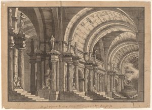 Eine monumentale gewölbte Halle mit einem rauchenden Altar