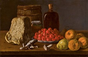 Stillleben mit einem Teller Azarolen, Obst, Pilzen, Käse und Behältern von Luis Egidio Melendez