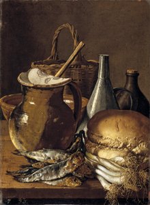 Stillleben mit Heringen, Frühlingszwiebeln, Brot und Küchenutensilien