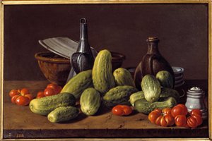 Stillleben: Gurken, Tomaten und Behälter von Luis Egidio Menendez or Melendez