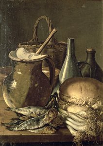 Stillleben mit Fisch, Lauch und Brot