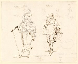 Zwei Figuren, eine im französischen Louis XIII-Stil und die andere im spanischen Stil des 17. Jahrhunderts gekleidet
