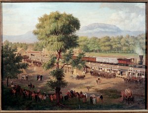 Ansicht der Eisenbahn im Tal von Mexiko. Gemälde von Luis Coto von Luiz Coto