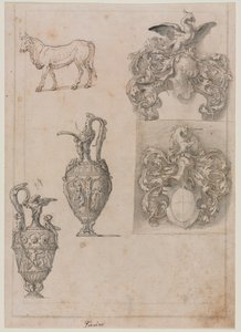 Entwurf für zwei Vasen, zwei Wappen und einen Stier recto, Mitte 1500er Jahre
