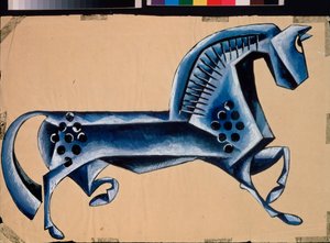 Der blaue Pferd. Skizze für das Theaterstück "Vom Priester und seinem Knecht Balda" von Alexander Puschkin von Lyubov Sergeevna Popova