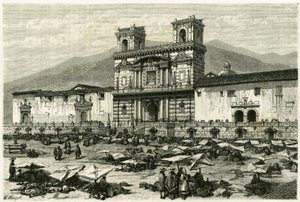 Die Kathedrale von Quito und die Volksunterhaltung auf ihrem Platz. Gravur von Clerget und Ferdinandus, zur Illustration der Geschichte „Equinoxiale America“